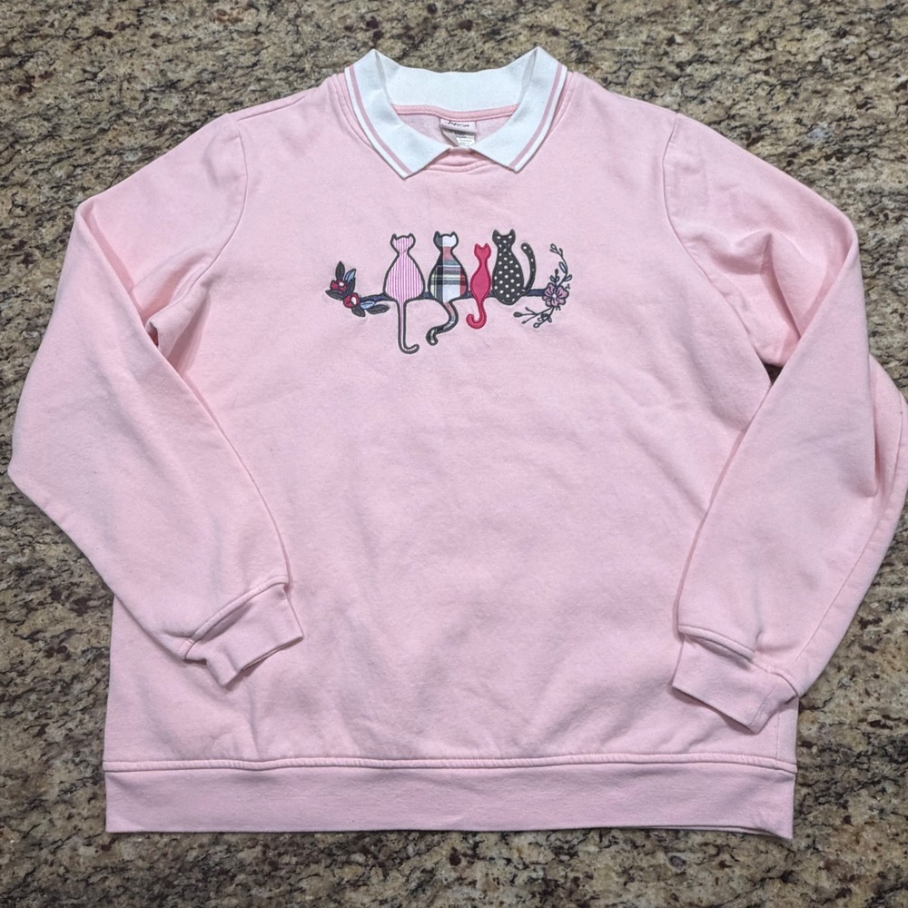 Vintage Adrian Delafield Pink Cat Embroidered Sweatshirt Collar Pullover Large